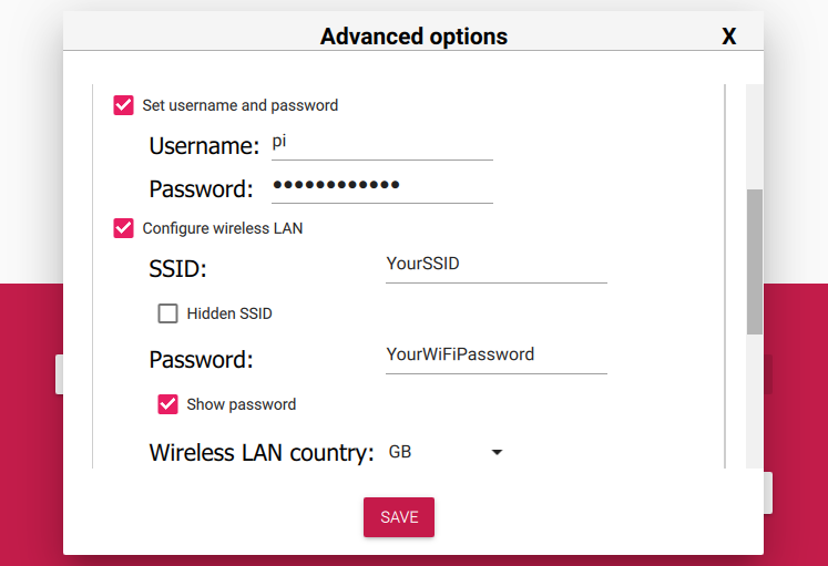 Advanced options, showing the "Set username and password" box ticked and a new password set, and showing the "Configure wireless LAN" box ticked and an SSID and Password set.