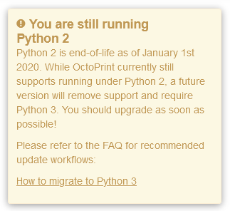 With Python 2.7 being EOL since January 1st 2020 now, a new warning popup will remind you to finally upgrade.