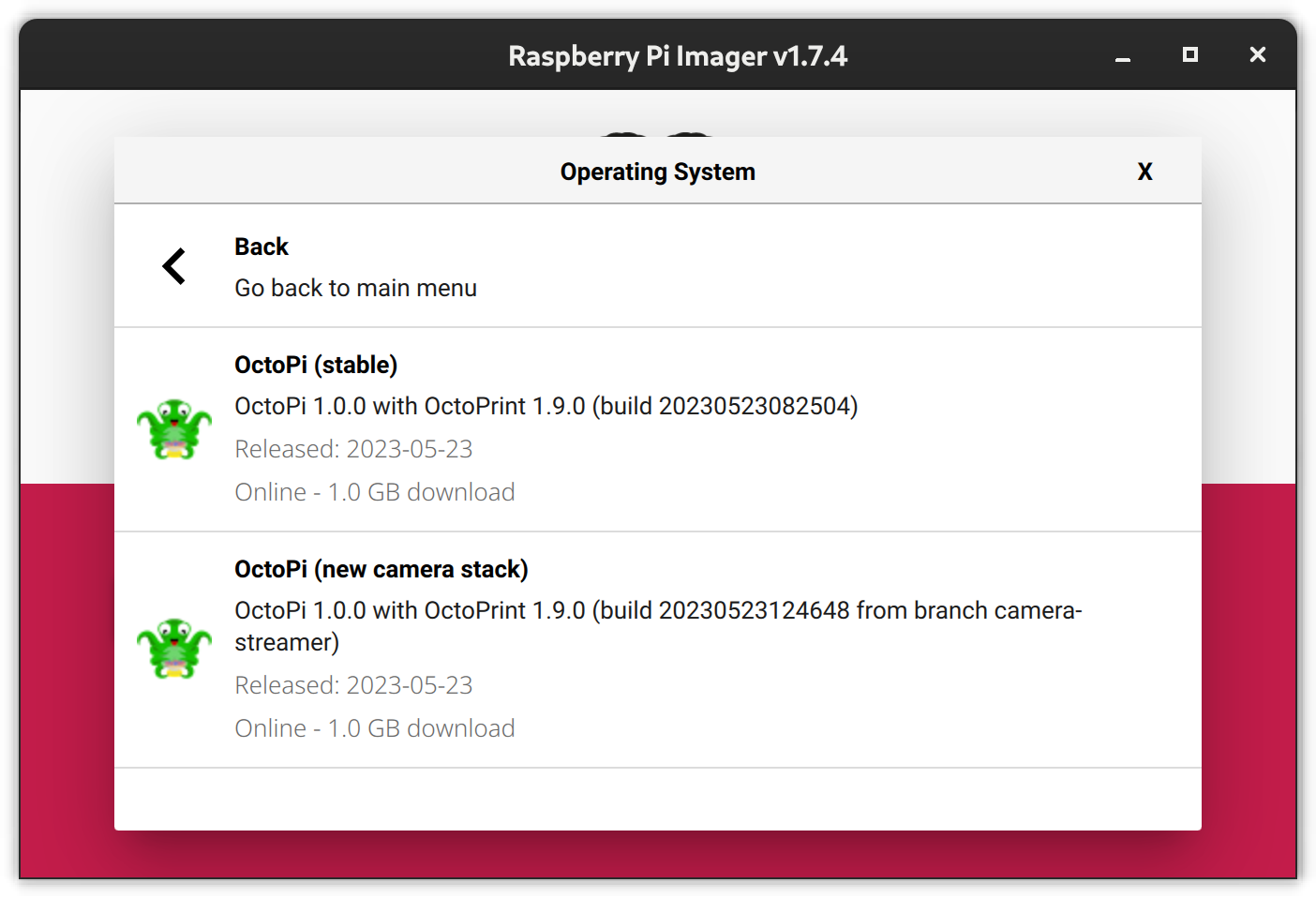 A screenshot of the Raspberry Pi Imager showing the two available download options for OctoPi, "stable" and "new camera stack"