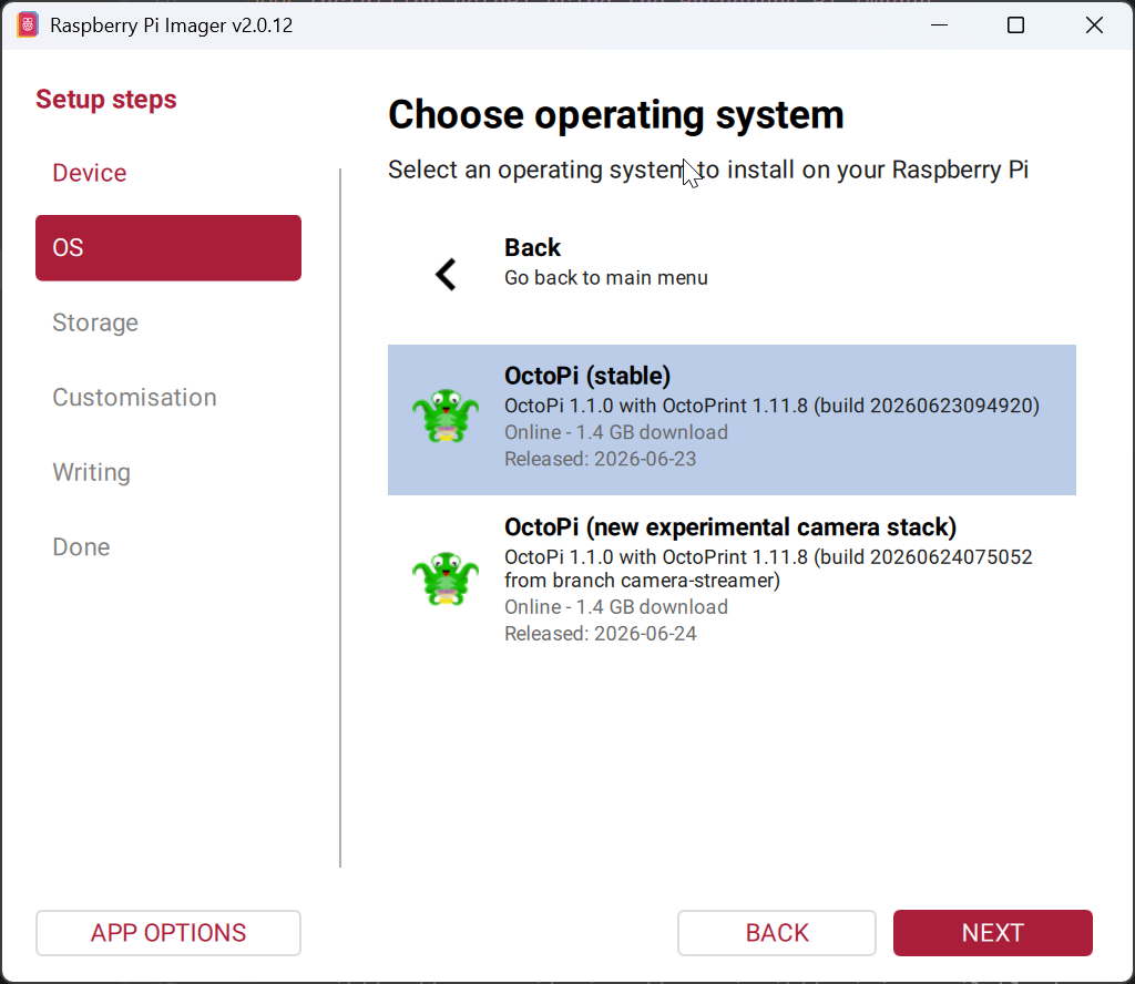 Raspberry Pi Imager OS Selection